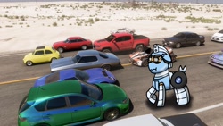 Size: 1920x1080 | Tagged: safe, artist:foxfer64_yt, oc, oc only, oc:silverstream (robot pony), original species, pony, wheelpone, alfa romeo, alfa romeo giulia, annoyed, car, chevrolet, chevrolet colorado, desert, ears back, fiat, fiat 500, ford, forza horizon, highway, holden, holden monaro, ktm, ktm x-bow, lamborghini, lamborghini miura, lancia, lancia stratos, mitsubishi, mitsubishi galant, photo, scrunchy face, solo, subaru, subaru impreza