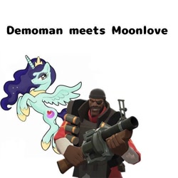 Size: 640x640 | Tagged: safe, artist:princessmoonlove, oc, oc:princess moonlove, alicorn, human, pony, g4, alicorn oc, crossover, demoman, demoman (tf2), horn, simple background, team fortress 2, white background, wings