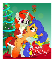 Size: 4333x5000 | Tagged: safe, artist:jhayarr23, oc, oc:scarlet reverie, oc:solar aura, pegasus, pony, unicorn, g4, bipedal, christmas, christmas tree, colored wings, commission, commissioner:solar aura, female, gradient hooves, gradient wings, highlights, holiday, horn, imminent kissing, lesbian, mare, mistletoe, pegasus oc, ponytail, tree, unicorn oc, wings, ych result