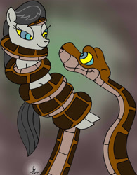 Size: 900x1151 | Tagged: safe, artist:lol20, octavia melody, earth pony, pony, snake, g4, coils, duo, female, hypno eyes, hypnosis, hypnotized, kaa, kaa eyes, lidded eyes, looking at each other, looking at someone, male, mare, smiling, smiling at each other, wrapped up