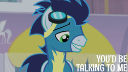 Size: 1920x1078 | Tagged: safe, edit, edited screencap, editor:quoterific, screencap, soarin', pegasus, pony, g4, rarity investigates, season 5, clothes, male, solo, stallion, uniform, wonderbolts uniform