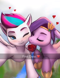 Size: 1392x1805 | Tagged: safe, anonymous artist, pipp petals, zipp storm, pegasus, pony, g5, adorapipp, adorazipp, cute, date, duo, duo female, female, flower, flying, group, heart, incest, lesbian, mare, one eye closed, rose, royal sisters (g5), selfie, ship:petalstorm, shipping, siblings, sisters, unshorn fetlocks