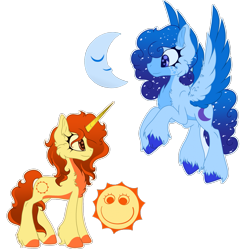 Size: 1925x1914 | Tagged: safe, artist:bryony6210, pegasus, pony, unicorn, blue coat, cheek fluff, chest fluff, coat markings, curly hair, curly tail, duo, duo female, ethereal mane, eyelashes, female, freckles, galaxy mane, galaxy tail, hooves, horn, long horn, mare, moon, moon (tadc), orange mane, orange tail, pegasus wings, ponified, simple background, spread wings, sun, sun (tadc), tail, the amazing digital circus, transparent background, two toned coat, unicorn horn, unshorn fetlocks, wings, yellow coat