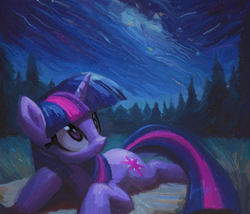 Size: 1961x1679 | Tagged: safe, artist:yidwags, twilight sparkle, pony, unicorn, g4, cute, female, forest, horn, looking up, lying down, mare, mixed media, nature, night, night sky, outdoors, painterly, painting, picnic blanket, prone, sky, smiling, solo, stargazing, stars, tree, twiabetes, unicorn twilight