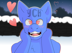 Size: 2700x1993 | Tagged: safe, artist:brushwork, oc, pony, any species, blushing, commission, heart, heart eyes, hooves on face, male, smiling, snow, solo, stallion, wingding eyes, your character here