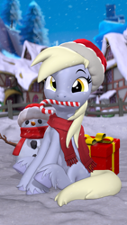 Size: 2160x3840 | Tagged: safe, artist:owlpirate, derpy hooves, pegasus, pony, g4, 3d, 4k, candy, candy cane, christmas, clothes, female, food, hat, high res, holiday, looking at you, mare, mouth hold, present, santa hat, scarf, sitting, smiling, smiling at you, snow, snowman, solo, source filmmaker