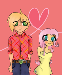Size: 376x459 | Tagged: safe, artist:geritarusame, big macintosh, fluttershy, human, g4, 2012, belt, blushing, breasts, clothes, denim, dress, duo, duo male and female, eye clipping through hair, female, freckles, heart, humanized, jeans, male, pants, plaid, ship:fluttermac, shipping, smiling, straight