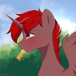 Size: 2048x2048 | Tagged: safe, artist:cottonaime, oc, oc only, oc:hardy, alicorn, pony, blush lines, blushing, drool, food, high res, looking away, male, male alicorn, male alicorn oc, popsicle, red eyes, side view, solo, spread wings, stallion, suggestive eating, wings