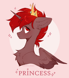 Size: 2300x2600 | Tagged: safe, artist:avroras_world, oc, oc only, oc:hardy, alicorn, pony, chest fluff, closed mouth, cosplay, crown, ear fluff, high res, jewelry, looking up, male, male alicorn, male alicorn oc, partially open wings, pink background, princess, red eyes, regalia, side view, simple background, solo, sparkles, stallion, tiara, wings