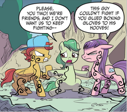 Size: 761x669 | Tagged: safe, artist:michela cacciatore, idw, earth pony, pegasus, pony, g4, my little pony: generations, spoiler:comic, spoiler:comicgenerations05, backwards ballcap, baseball cap, cap, corrupted, dialogue, female, gritted teeth, hat, male, mare, speech bubble, stallion, teeth, trio focus, unnamed character, unnamed pony