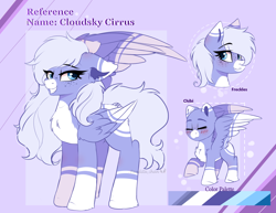 Size: 3264x2524 | Tagged: safe, artist:2pandita, oc, oc only, oc:cloudsky cirrus, pegasus, pony, blue eyes, blush lines, blushing, chest fluff, coat markings, color palette, colored eartips, colored wings, colored wingtips, ear fluff, eyes closed, facial markings, female, folded wings, freckles, grin, high res, lavender background, mare, mealy mouth (coat marking), pale belly, pegasus oc, purple background, raised hoof, reference sheet, simple background, smiling, socks (coat markings), solo, spread wings, standing, white belly, wings