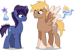 Size: 2622x1786 | Tagged: safe, artist:stellardusk, oc, oc only, oc:night shade, oc:solar winds, pegasus, pony, unicorn, g4, closed mouth, ears up, eyes open, feathered wings, femboy, horn, larger male, lidded eyes, looking at each other, looking at someone, male, male oc, pegasus oc, pegasus wings, pony oc, short mane, short tail, simple background, size difference, smaller male, smol, spread wings, stallion, stallion oc, tail, transparent background, unicorn oc, wavy mouth, white sclera, wings