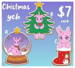 Size: 2000x1818 | Tagged: safe, artist:queenkittyok, pony, christmas, christmas stocking, christmas tree, clothes, commission, gradient background, holiday, scarf, snow globe, striped scarf, tree, ych sketch, your character here