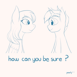 Size: 2000x2000 | Tagged: safe, artist:pearly* marshmallow, oc, oc only, oc:pearly* marshmallow, oc:stardust honeymoon, pegasus, pony, unicorn, duo, female, high res, horn, looking at each other, looking at someone, male, monochrome, pegasus oc, radiohead, simple background, sitting, sketch, smiling, song reference, text, unicorn oc, white background