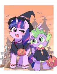 Size: 1592x2060 | Tagged: safe, artist:leo19969525, spike, twilight sparkle, alicorn, bat, dragon, pony, g4, blushing, bowtie, bracelet, clothes, costume, cross, cross necklace, cute, duo, eye clipping through hair, eyebrows, eyebrows visible through hair, fangs, female, grave, halloween, halloween costume, hat, holiday, jack-o-lantern, jewelry, looking at each other, looking at someone, male, mare, necklace, one eye closed, open mouth, passepartout, pumpkin, pumpkin bucket, smiling, spikabetes, twiabetes, twilight sparkle (alicorn), wink, witch costume, witch hat