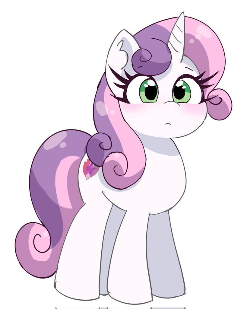 [blushing,cute,eyebrows,female,g4,looking at you,mare,pony,safe,simple background,solo,sweetie belle,unicorn,white background,diasweetes,eyebrows visible through hair,artist:leo19969525]