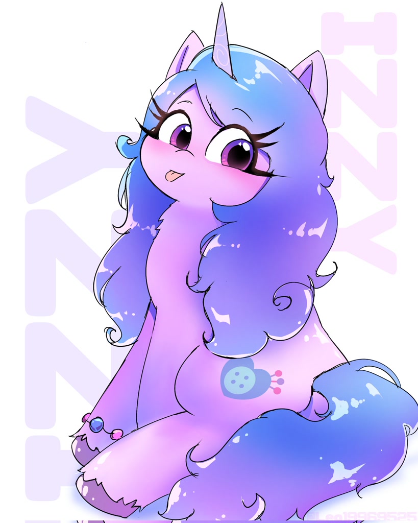 [:p,blushing,bracelet,cute,eyebrows,female,g5,jewelry,looking at you,mare,pony,safe,simple background,sitting,solo,unicorn,unshorn fetlocks,white background,tongue out,eye clipping through hair,eyebrows visible through hair,izzybetes,izzy moonbow,artist:leo19969525]
