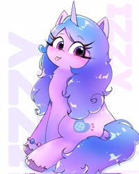 Size: 1638x2048 | Tagged: safe, artist:leo19969525, izzy moonbow, pony, unicorn, g5, :p, blushing, bracelet, cute, eye clipping through hair, eyebrows, eyebrows visible through hair, female, izzybetes, jewelry, looking at you, mare, simple background, sitting, solo, tongue out, unshorn fetlocks, white background