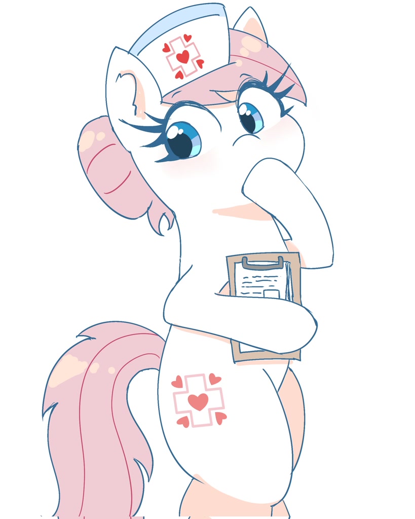 [bipedal,blushing,clipboard,cute,earth pony,eyebrows,female,g4,hat,mare,nurse redheart,pony,safe,simple background,solo,white background,eye clipping through hair,nurse hat,hoof over mouth,eyebrows visible through hair,heartabetes,artist:leo19969525]