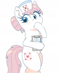 Size: 1638x2048 | Tagged: safe, artist:leo19969525, nurse redheart, earth pony, pony, g4, bipedal, blushing, clipboard, cute, eye clipping through hair, eyebrows, eyebrows visible through hair, female, hat, heartabetes, hoof over mouth, mare, nurse hat, simple background, solo, white background