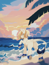 Size: 2212x2949 | Tagged: safe, artist:marlboro-art, oc, oc only, pegasus, pony, art, auction, beach, butt, cloud, commission, high res, ocean, pegasus oc, plot, sale, sky, sunset, water