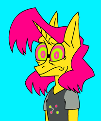 Size: 935x1125 | Tagged: safe, artist:rubyrelax, oc, oc only, oc:twister pop, unicorn, anthro, blue background, clothes, concerned, cyan background, frown, glasses, hypno eyes, male, shirt, simple background, solo