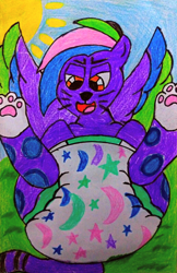 Size: 2156x3333 | Tagged: safe, artist:bitter sweetness, allura, aq bars, big cat, leopard, snow leopard, g5, abdl, decorated diaper, diaper, diaper fetish, fetish, high res, looking at you, non-baby in diaper, poofy diaper, traditional art