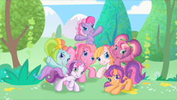 Size: 1920x1080 | Tagged: safe, screencap, cheerilee (g3), pinkie pie (g3), rainbow dash (g3), scootaloo (g3), starsong, sweetie belle (g3), toola-roola, earth pony, pony, unicorn, g3, g3.5, cloud, core seven, female, flower, group, horn, looking at you, open mouth, open smile, opening, opening theme, outdoors, pose, raised hoof, raised hooves, smiling, tail, tree