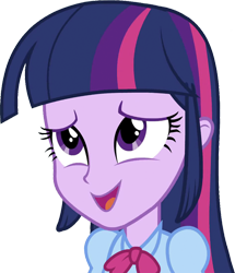 Size: 2171x2520 | Tagged: safe, edit, edited screencap, editor:mrtoonlover83, screencap, twilight sparkle, human, equestria girls, g4, background removed, blouse, bowtie, clothes, female, hair, happy, high res, not a vector, open mouth, open smile, puffy sleeves, simple background, smiling, solo, talking, teenager, transparent background