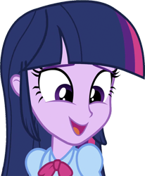 Size: 2079x2520 | Tagged: safe, edit, edited screencap, editor:homersimpson1983, screencap, twilight sparkle, human, equestria girls, g4, background removed, blouse, bowtie, clothes, female, hair, happy, high res, looking down, not a vector, open mouth, open smile, puffy sleeves, simple background, smiling, solo, teenager, transparent background