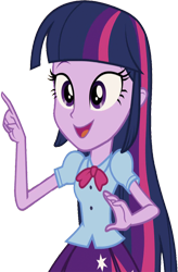 Size: 1655x2520 | Tagged: safe, edit, edited screencap, editor:mrtoonlover83, screencap, twilight sparkle, human, equestria girls, g4, background removed, blouse, bowtie, breasts, bust, clothes, female, fingers, hair, happy, not a vector, open mouth, open smile, puffy sleeves, raised arm, simple background, skirt, smiling, solo, teenager, transparent background