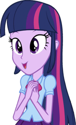 Size: 1535x2520 | Tagged: safe, edit, edited screencap, editor:mrtoonlover83, screencap, twilight sparkle, human, equestria girls, g4, background removed, blouse, bowtie, clothes, female, fingers, hair, hand on chest, happy, not a vector, o mouth, open mouth, open smile, puffy sleeves, simple background, skirt, smiling, solo, teenager, transparent background, wrong aspect ratio