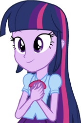 Size: 1670x2520 | Tagged: safe, edit, edited screencap, editor:mrtoonlover83, screencap, twilight sparkle, human, equestria girls, g4, background removed, blouse, bowtie, clothes, female, fingers, hair, hand on chest, happy, not a vector, puffy sleeves, simple background, skirt, smiling, solo, teenager, transparent background