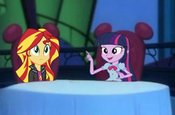 Size: 1000x656 | Tagged: safe, editor:homersimpson1983, sunset shimmer, twilight sparkle, human, equestria girls, g4, blouse, bowtie, breasts, bust, clothes, disney, duo, expressionless face, female, finger, hair, happy, house of mouse, jacket, leather, leather jacket, open mouth, puffy sleeves, raised arm, table, talking, teenager, top