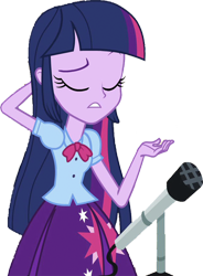 Size: 1851x2520 | Tagged: safe, edit, edited screencap, editor:homersimpson1983, screencap, twilight sparkle, human, equestria girls, g4, arm behind head, background removed, blouse, bowtie, bust, clothes, eyebrows, female, hair, microphone, not a vector, puffy sleeves, raised eyebrow, simple background, skirt, solo, talking, teenager, teeth, transparent background