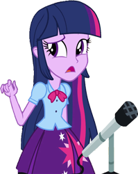 Size: 2001x2520 | Tagged: safe, edit, edited screencap, editor:homersimpson1983, screencap, twilight sparkle, human, equestria girls, g4, background removed, blouse, bowtie, clothes, eyebrows, female, fingers, hair, high res, microphone, not a vector, open mouth, puffy sleeves, raised eyebrow, simple background, skirt, solo, talking, teenager, transparent background