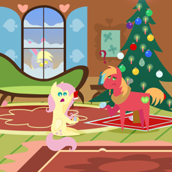 Size: 2160x2160 | Tagged: safe, anonymous artist, big macintosh, derpy hooves, fluttershy, earth pony, pegasus, pony, series:fm holidays, series:hearth's warming advent calendar 2023, g4, advent calendar, bunny ears, christmas, christmas stocking, christmas tree, confused, derpy being derpy, duo focus, easter, easter bunny, easter egg, female, fluttershy's cottage, frown, high res, holiday, hoof hold, lineless, looking through the window, male, mare, open mouth, pointy ponies, question mark, ship:fluttermac, shipping, smiling, stallion, straight, tree, trio