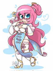 Size: 1520x2048 | Tagged: safe, artist:befishproductions, oc, oc only, oc:fluffle puff, human, beidou (genshin impact), breasts, clothes, commission, cosplay, costume, eye clipping through hair, female, genshin impact, glasses, heart, heart eyes, high heels, humanized, humanized oc, shoes, simple background, solo, stockings, thigh highs, thigh socks, white background, wingding eyes