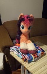 Size: 2072x3230 | Tagged: safe, artist:epicrainbowcrafts, izzy moonbow, pipp petals, sunny starscout, zipp storm, earth pony, pegasus, pony, unicorn, g5, blanket, couch, female, high res, irl, life size, mare, photo, plushie, sitting, solo, unshorn fetlocks