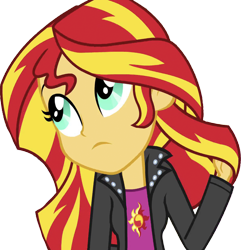 Size: 2431x2520 | Tagged: safe, edit, edited screencap, editor:homersimpson1983, screencap, sunset shimmer, human, equestria girls, g4, background removed, breasts, bust, clothes, female, hair, head tilt, high res, jacket, leather, leather jacket, not a vector, playing with hair, simple background, solo, teenager, top, transparent background