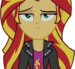 Size: 2757x2520 | Tagged: safe, edit, edited screencap, editor:homersimpson1983, screencap, sunset shimmer, human, equestria girls, g4, background removed, breasts, bust, clothes, eyebrows, female, hair, high res, jacket, leather, leather jacket, not a vector, raised eyebrow, simple background, solo, teenager, top, transparent background, unamused