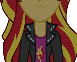 Size: 3142x2520 | Tagged: safe, edit, edited screencap, editor:homersimpson1983, screencap, sunset shimmer, human, equestria girls, g4, my little pony equestria girls: rainbow rocks, background removed, breasts, bust, clothes, female, frown, hair, high res, jacket, leather, leather jacket, nose, not a vector, simple background, solo, teenager, top, transparent background