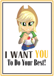 Size: 2577x3633 | Tagged: safe, applejack, equestria girls, g4, belt, breasts, clothes, collar, cowboy hat, denim, denim skirt, female, freckles, hair, hat, high res, looking at you, motivational poster, pointing, pointing at you, ponytail, poster, shirt, simple background, skirt, smiling, smiling at you, solo, teenager, teeth, text, uncle sam, white background