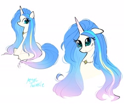 Size: 2048x1723 | Tagged: safe, artist:petaltwinkle, oc, oc only, pony, unicorn, bust, eye clipping through hair, female, floppy ears, jewelry, long mane, mare, necklace, signature, simple background, sitting, smiling, solo, white background