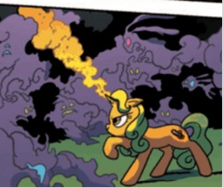 Size: 305x257 | Tagged: safe, idw, official comic, ember sword, pony, unicorn, friendship is magic #8, g4, spoiler:comic, comic, female, fire, mare, nightmare rarity (arc), seanan mcguire