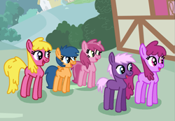 Size: 1037x716 | Tagged: safe, artist:katiesworldofponies36, berry punch, berryshine, cherry berry, first base, ruby pinch, welch, earth pony, pegasus, pony, unicorn, fanfic:a trip to the carnival, series:my little filly: friendship is magic, g4, adorabase, background pony, berrybetes, best friends, blank flank, cherrybetes, cute, excited, family, father, female, filly, foal, group, male, mare, mother, mother and father, open mouth, open smile, pegasus first base, pinchybetes, ponyville, quintet, race swap, shadow, siblings, sisters, smiling, stallion, the pinch family, welchabetes