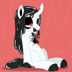 Size: 3000x3000 | Tagged: safe, artist:ponykittenboi, oc, oc:neeble, black widow, goo, monster pony, original species, spider, black sclera, cloven hooves, commission, cute, gooey, happy, high res, horn, incorrect black widow marking placement, looking at something, male, multiple eyes, open mouth, red eyes, show accurate, simple background, sitting, spider web, watermark
