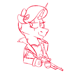 Size: 900x900 | Tagged: safe, artist:fuckomcfuck, derpibooru exclusive, rarity, pony, unicorn, g4, clothes, cracked horn, gun, horn, jacket, leather, leather jacket, scar, simple background, sniper, solo, the trotting dead, torn clothes, weapon, white background