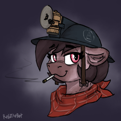 Size: 1276x1274 | Tagged: safe, artist:reddthebat, oc, oc:number nine, earth pony, pony, bandana, bust, cigarette, eyebrows, eyebrows visible through hair, female, floppy ears, headlamp, helmet, lidded eyes, looking at you, mare, mining helmet, portrait, signature, smiling, smiling at you, smoking, solo