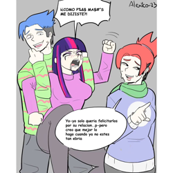 Size: 1080x1080 | Tagged: safe, artist:alexicoreborn, twilight sparkle, human, g4, angry, clothes, crossover, crossover shipping, dialogue, drool, drunk, drunk twilight, eyeshadow, female, gray background, humanized, makeup, male, margaret, mordecai, mordetwi, nervous, nervous laugh, nervous smile, nervous sweat, open mouth, regular show, shipping, signature, simple background, smiling, spanish, speech bubble, straight, sweat, sweater, text
